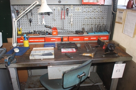 Work Bench, 1500 x 800 mm + vice + tool panel containing: Various drills, hand tools, gauging tools and more. Riveter
