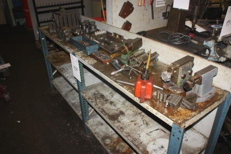 Various milling and lathe accessories including 2 section steel shelving