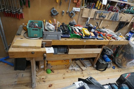 File bench in wood containing various hand tools, etc.