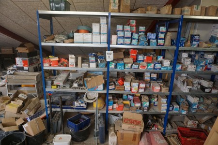 Contents of 2 shelves of various nails, screws, fittings, etc.