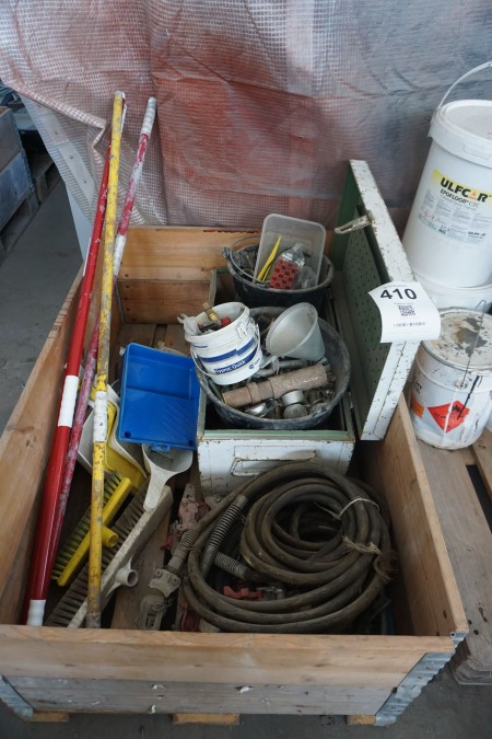 Pallet with various brooms, shafts & bolts etc.