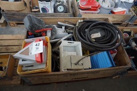 Pallet with various hoses, sandpaper etc.