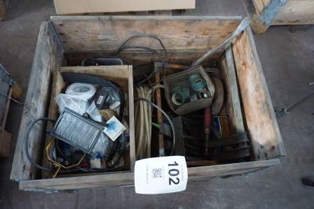 Pallet with various work lights, screw clamps, sanding belts, etc.