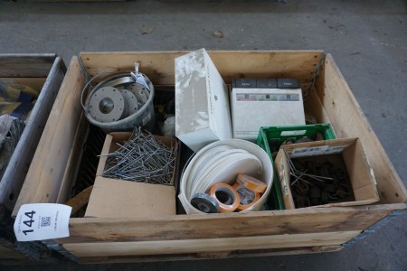 Pallet with various screws, tape, mailbox, etc.