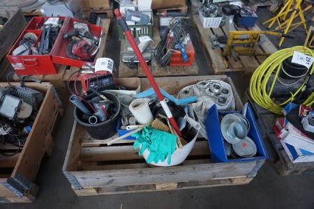 Pallet with various fire hoses & cleaning equipment etc.
