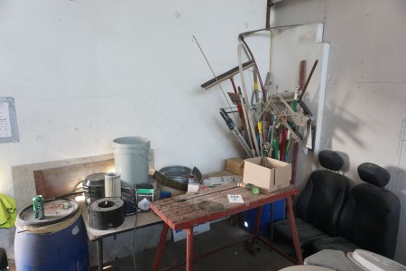 Contents in corner of various tables, hand tools & car seats etc.