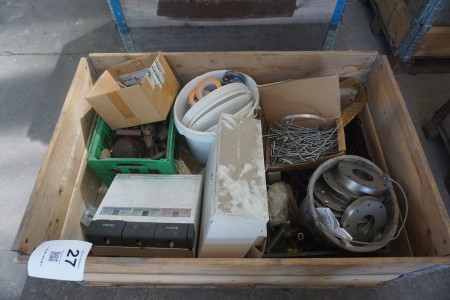 Pallet with various screws, tape & mailbox, etc.