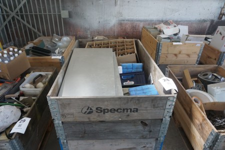 Pallet with various containers & shoe racks, etc.