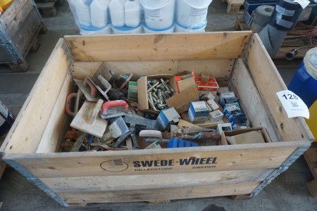 Pallet with various nails, screws & masonry tools etc.