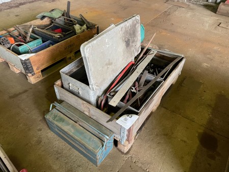 Pallet with various hand tools, tool boxes, etc.