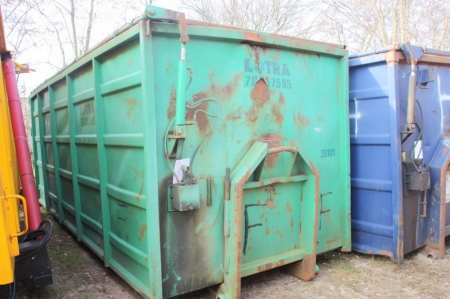 Waste Container, green, approx. 20 feet. Hydraulic top. Hook lift. Marked 35101