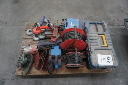 Pallet with various suction cups, tool boxes & power tools etc.