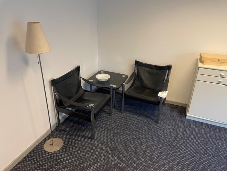 Kommode + 2 stk. loungestole inkl. bord, lampe, mv.