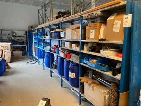 Contents of 7-bay workshop shelf of various tools, barrels, assortment boxes, etc.