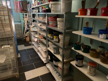 3 pieces. workshop shelves containing various paper for printing