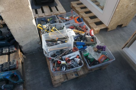 Pallet with various hand tools, cup drills, saws etc.
