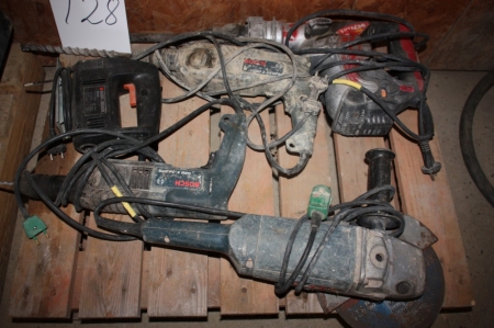 Pallet with power tools: hammer, Hitachi + 2 x drills, Bosch GBH 2-24 DFR + Angle Grinder, Bosch GWS 20-230H + Jigsaw, Black & Decker