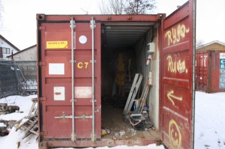 20 foot container with content. Power. Racking. Contents include formwork pump