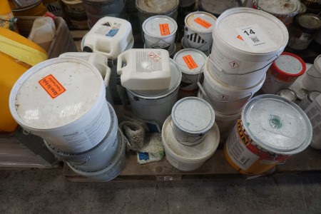 Pallet with various buckets of paint etc.