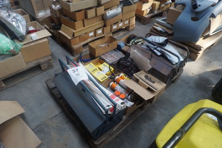 Pallet with various screws, sealant & tool boxes etc.
