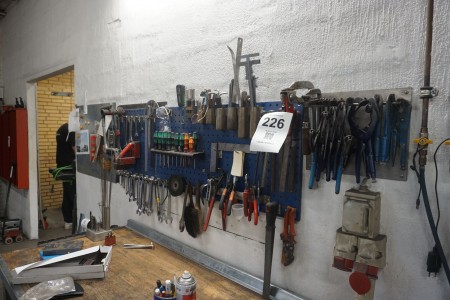 Workshop board with contents of various hand tools, welding pliers