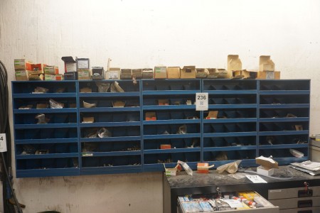 5 pieces. assortment shelves containing various bolts, nuts, washers, etc.