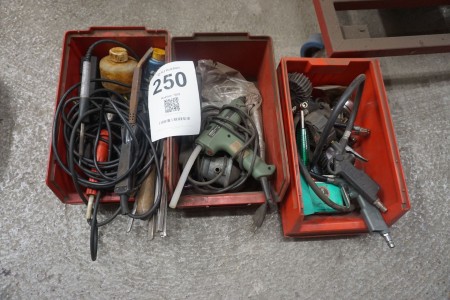 Contents of 3 boxes of soldering equipment, glue guns, air guns, etc.