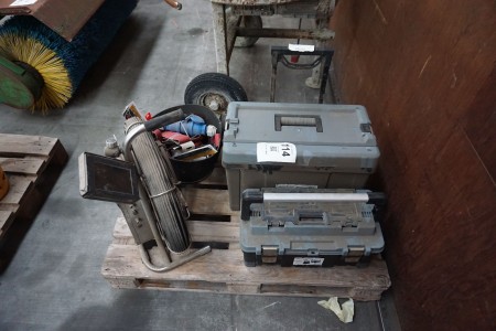 Pallet with various tool boxes, inspection camera, plugs, etc.