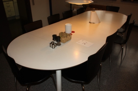 Spisebord, 6 sektioner, hvid melamin, stålkant, ca. 320 x 120 cm + 10 stole, chromstel + læder + glasbowle med videre