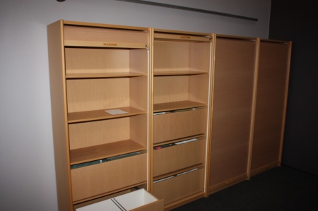 4 x high bookcase. Louvred Roll front door. 3 shelves and 2 filing drawers. Beech + 2 low bookcases, beech + office chair, HÅG