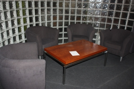 Sofabord, chromstel og træbordplade, 120 x 75 cm + 4 lænestole, grønt bolster