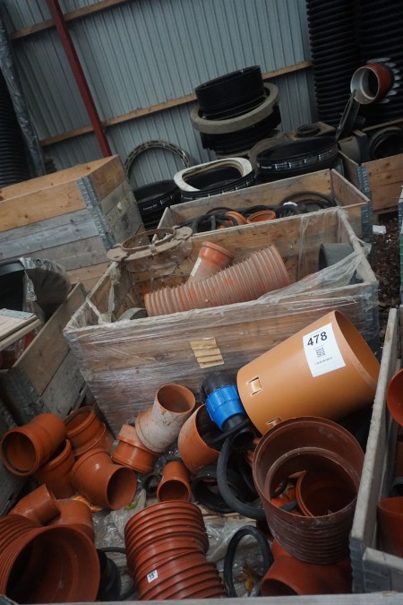 5 pallets with various PVC sewer pipes, fittings, couplings, etc.