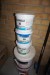 Various buckets of water-based interior paint, panel trolley, etc.