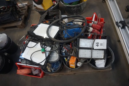 Pallet with various work lamps, hand tools, etc.