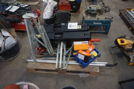 Pallet with various folding trestles, crowbars, tool box with contents, etc.
