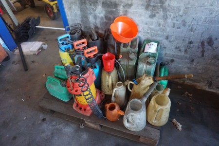 Pallet with various funnels, jerry cans, weed sprayers, etc.
