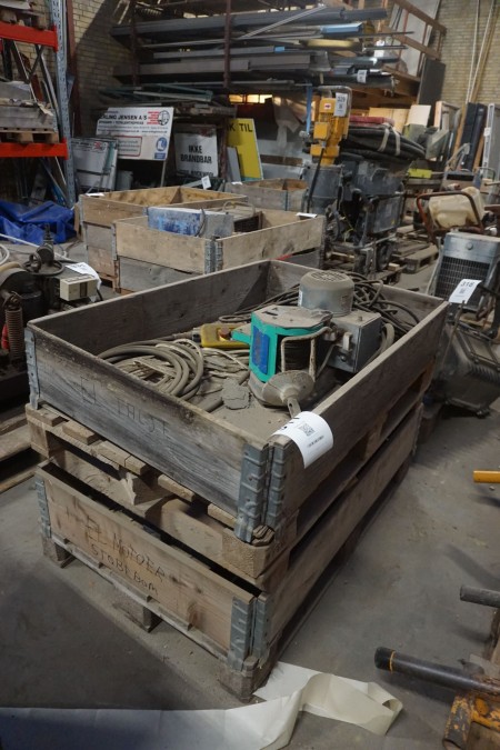 2 pallets with various electric winches, electric hoists, etc.