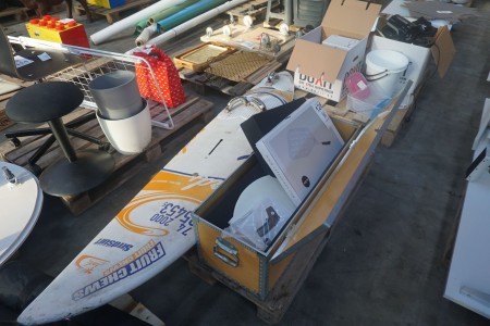 Box with various parts for pizza oven + surfboard