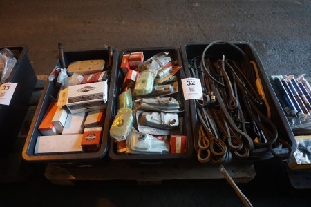 3 boxes with various spare parts filters + belts etc.