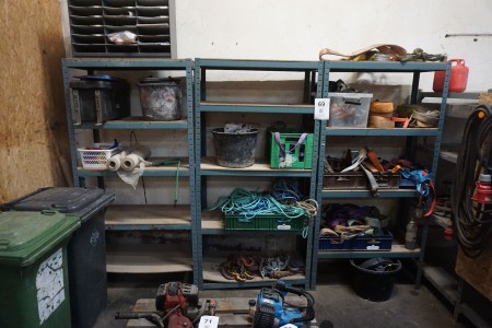 3 pieces. workshop shelves containing various straps, etc.