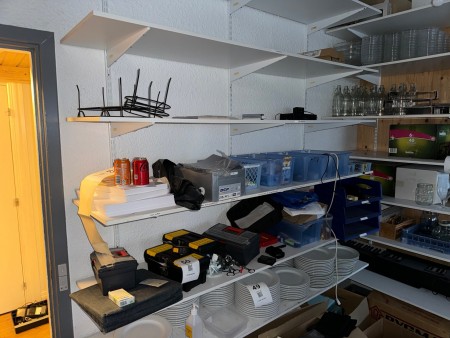 Contents on shelf of various tool boxes, etc.