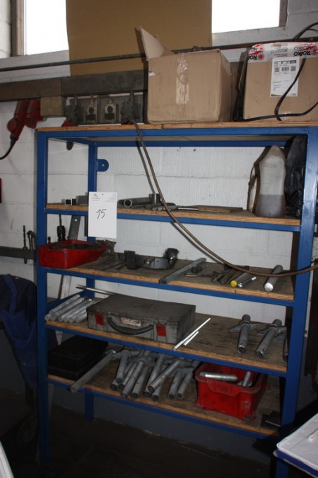 Steel Shelving with content + trolley with 2 vise