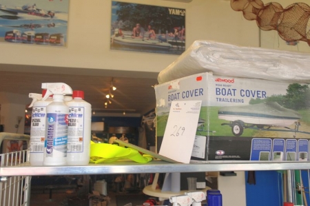Content on shelf: various consumables + boat tarpauling. Trolley included