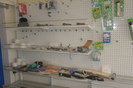 3 section shop racks with content: various fishing accessories + ropes + flashlights and more