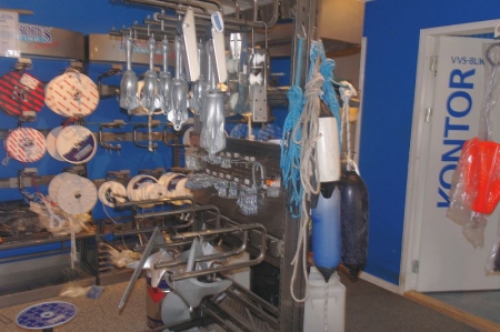 Shop display with various anchors + fenders + rope + chains etc.