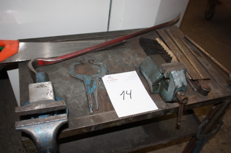 Workbench with 2 vices and content, including Jack saws and crowbars
