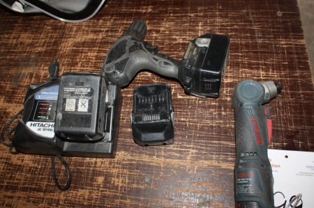 Variabel vinkelskruemaskine, aku. Bosch + aku-boremaskine, Hitachi DS 18 DSAL med 3 batterier og lader
