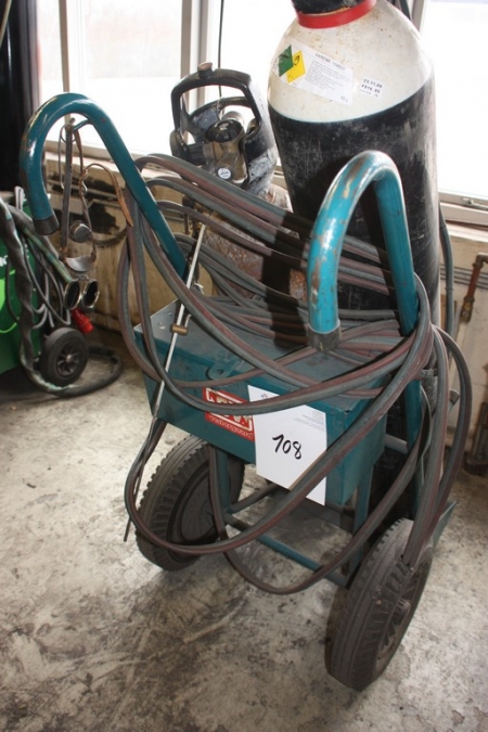 Oxygen and acetylene cart with welding cables, torches and manometer. Bottles not included