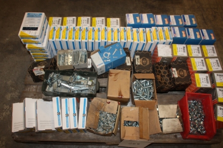 Pallet with various consumables, anchors, bolts, fittings, etc.