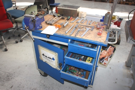 Værktøjsrullebord, Blika, med indhold af håndværktøj